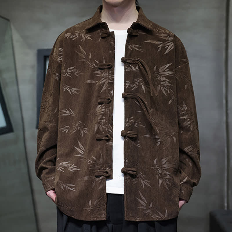 Nimara Ritual Fall Winter Tang Style Frog Button Bamboo Print Corduroy Men's Long Sleeve Shirts