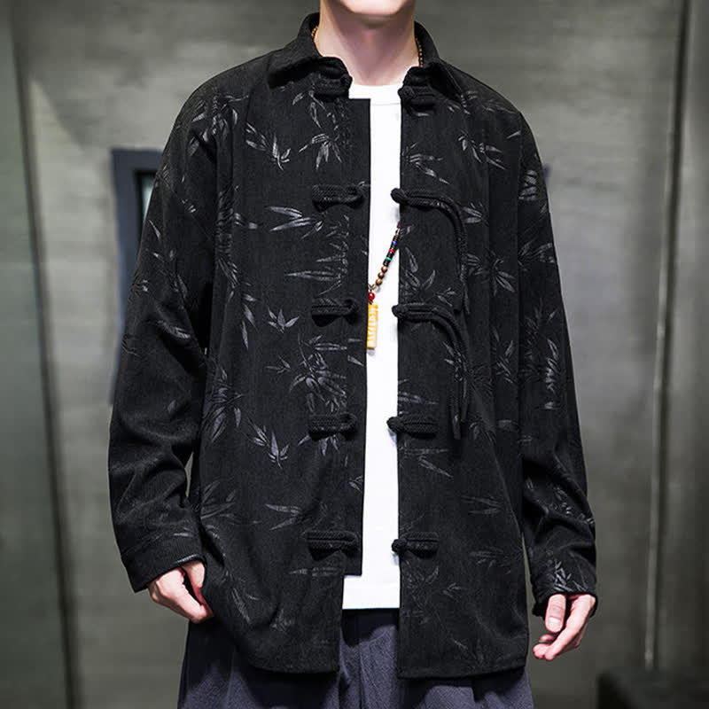 Nimara Ritual Fall Winter Tang Style Frog Button Bamboo Print Corduroy Men's Long Sleeve Shirts