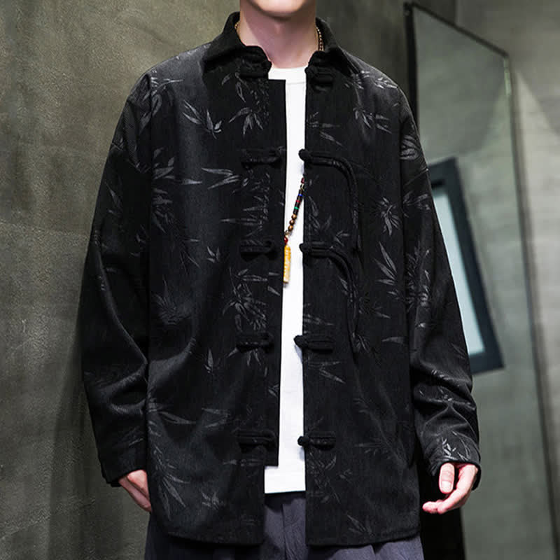 Nimara Ritual Fall Winter Tang Style Frog Button Bamboo Print Corduroy Men's Long Sleeve Shirts