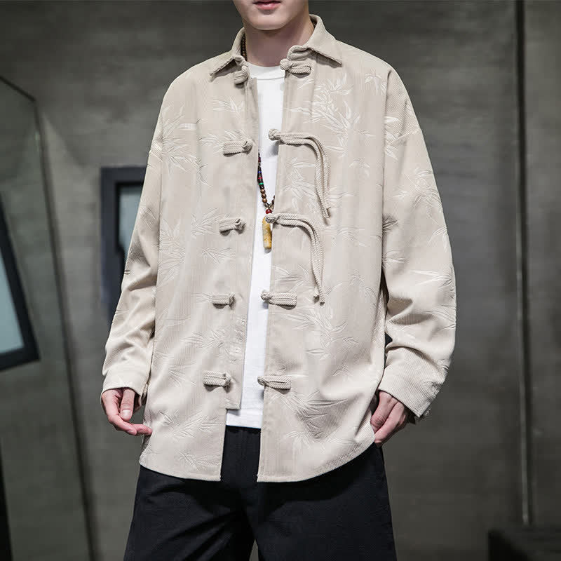 Nimara Ritual Fall Winter Tang Style Frog Button Bamboo Print Corduroy Men's Long Sleeve Shirts