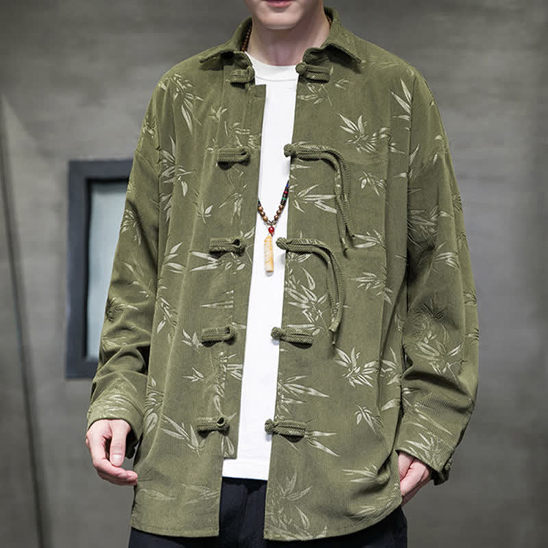 Nimara Ritual Fall Winter Tang Style Frog Button Bamboo Print Corduroy Men's Long Sleeve Shirts