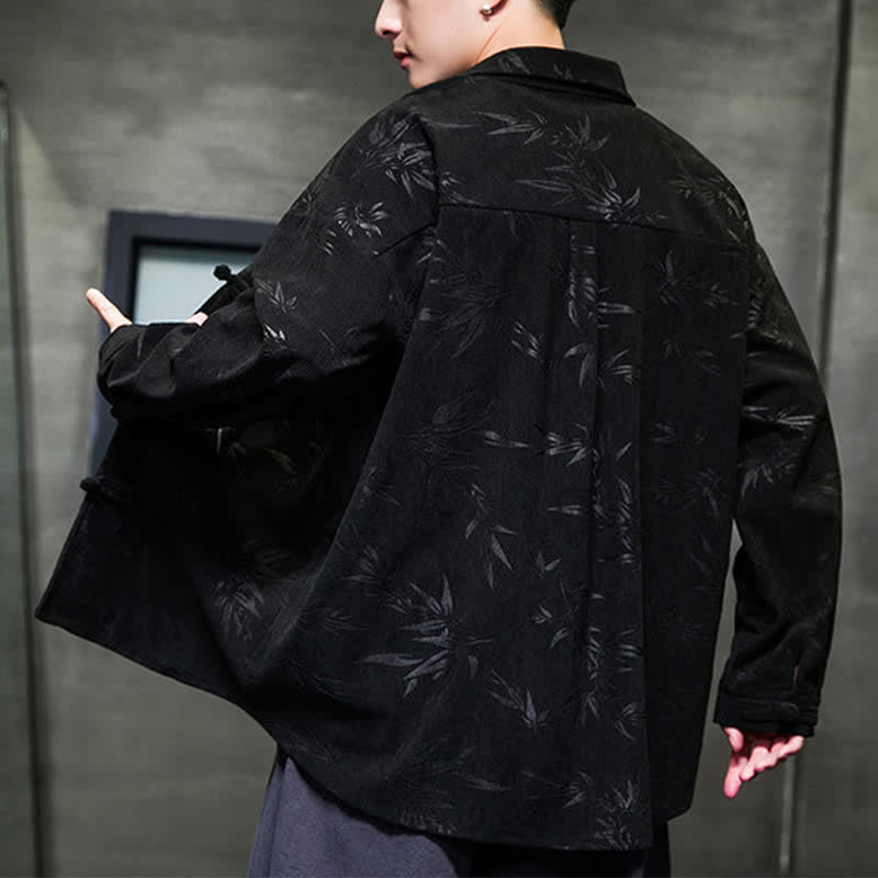 Nimara Ritual Fall Winter Tang Style Frog Button Bamboo Print Corduroy Men's Long Sleeve Shirts