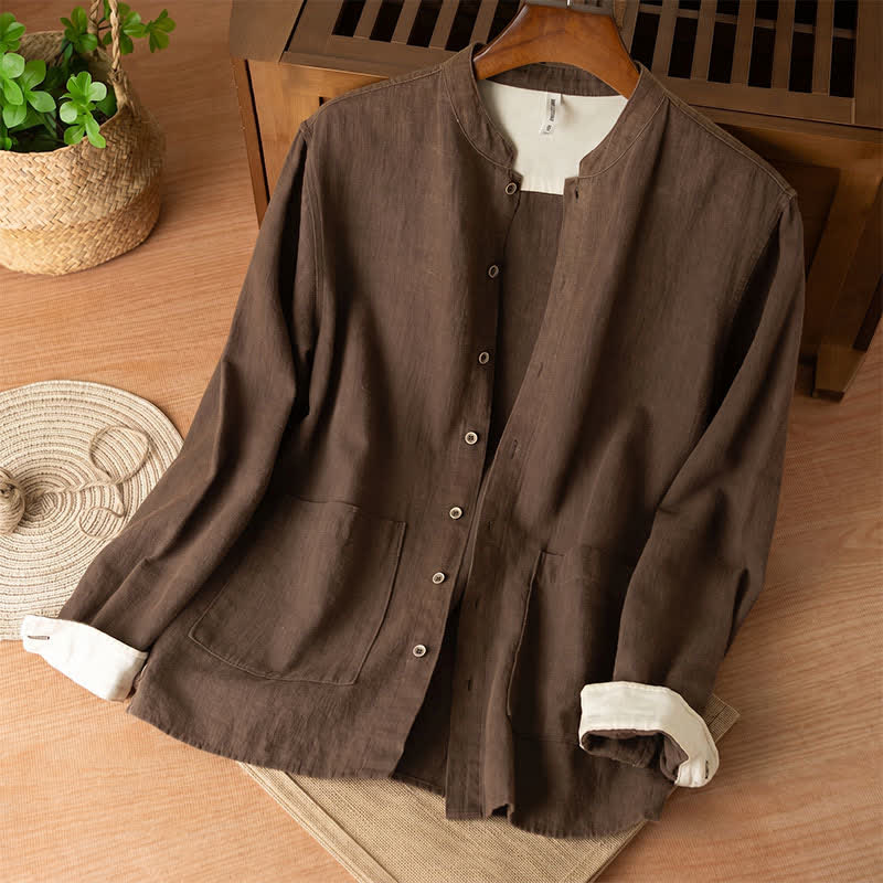 Nimara Ritual Fall Casual Tang Style Mandarin Collar Solid Linen Men's Long Sleeve Shirts With Pockets