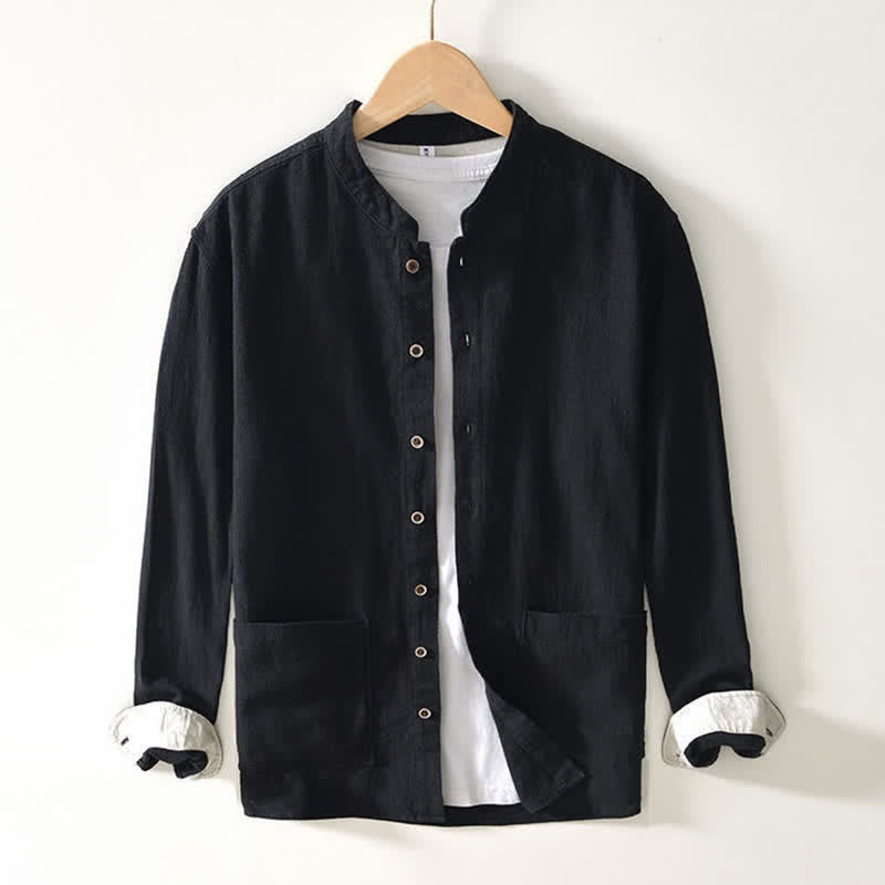 Nimara Ritual Fall Casual Tang Style Mandarin Collar Solid Linen Men's Long Sleeve Shirts With Pockets