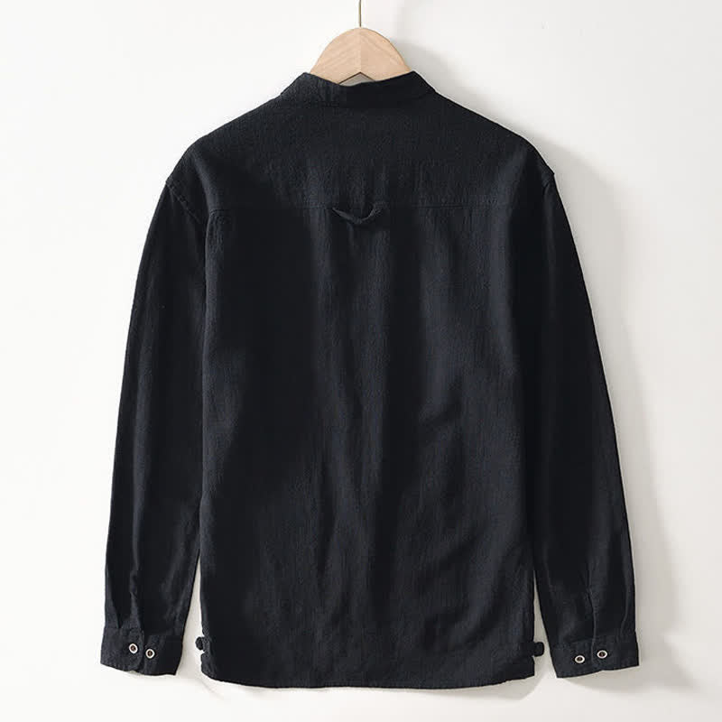Nimara Ritual Fall Casual Tang Style Mandarin Collar Solid Linen Men's Long Sleeve Shirts With Pockets