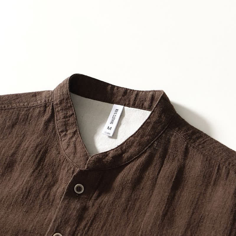Nimara Ritual Fall Casual Tang Style Mandarin Collar Solid Linen Men's Long Sleeve Shirts With Pockets