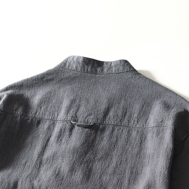 Nimara Ritual Fall Casual Tang Style Mandarin Collar Solid Linen Men's Long Sleeve Shirts With Pockets