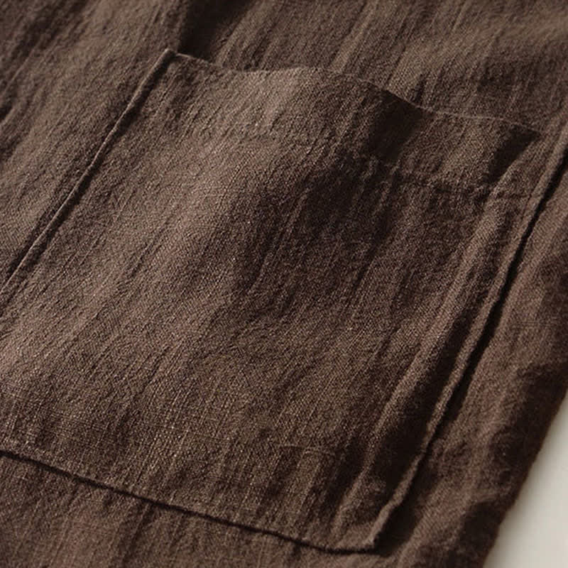 Nimara Ritual Fall Casual Tang Style Mandarin Collar Solid Linen Men's Long Sleeve Shirts With Pockets