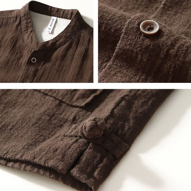 Nimara Ritual Fall Casual Tang Style Mandarin Collar Solid Linen Men's Long Sleeve Shirts With Pockets