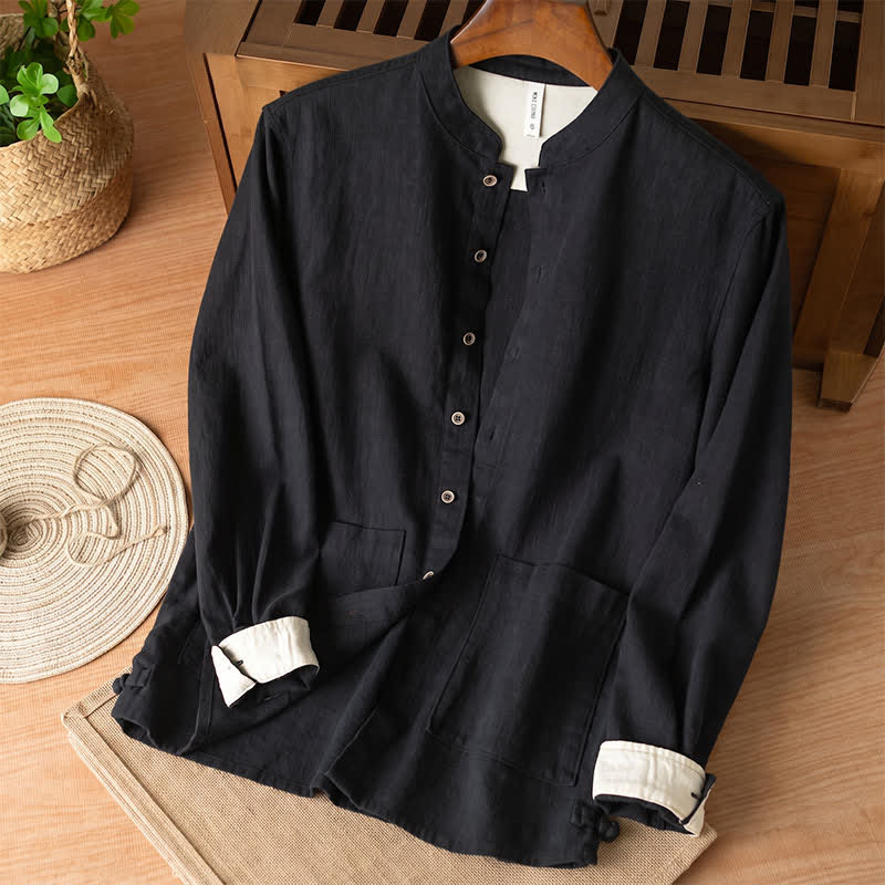 Nimara Ritual Fall Casual Tang Style Mandarin Collar Solid Linen Men's Long Sleeve Shirts With Pockets