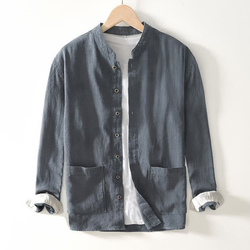 Nimara Ritual Fall Casual Tang Style Mandarin Collar Solid Linen Men's Long Sleeve Shirts With Pockets