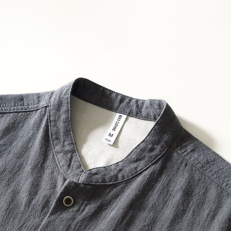 Nimara Ritual Fall Casual Tang Style Mandarin Collar Solid Linen Men's Long Sleeve Shirts With Pockets