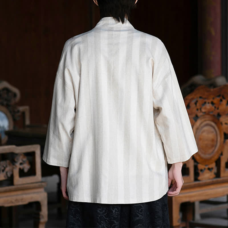 Nimara Ritual Spring Summer Casual Tang Style Drawstring Solid Cotton Linen Three-Quarter Sleeve Men's Kimono With Pocket