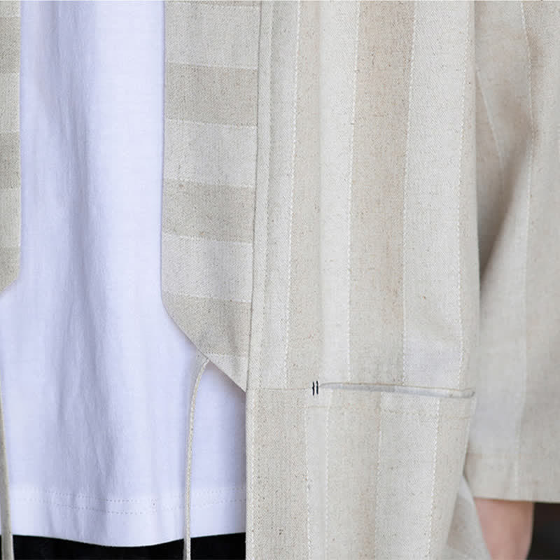 Nimara Ritual Spring Summer Casual Tang Style Drawstring Solid Cotton Linen Three-Quarter Sleeve Men's Kimono With Pocket