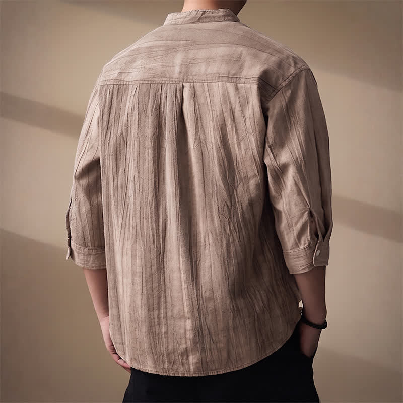 Nimara Ritual Spring Summer Casual Mandarin Collar Solid Cotton Men's Long Sleeve Shirts With Patch Pocket