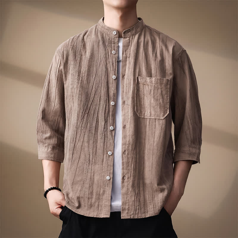 Nimara Ritual Spring Summer Casual Mandarin Collar Solid Cotton Men's Long Sleeve Shirts With Patch Pocket