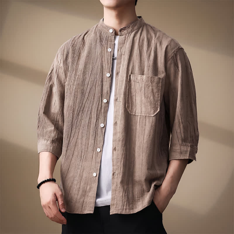 Nimara Ritual Spring Summer Casual Mandarin Collar Solid Cotton Men's Long Sleeve Shirts With Patch Pocket