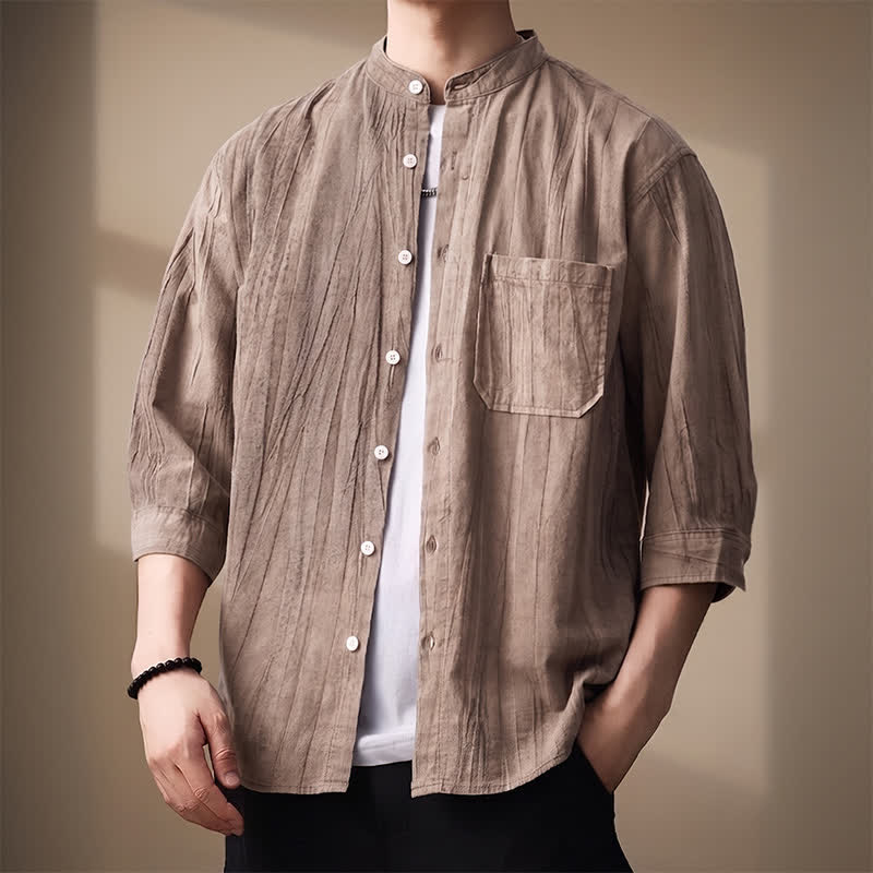Nimara Ritual Spring Summer Casual Mandarin Collar Solid Cotton Men's Long Sleeve Shirts With Patch Pocket