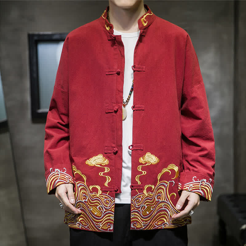 Nimara Ritual Fall Winter Tang Style Vintage Frog Button Embroidery Clouds Pattern Cotton Men's Jacket