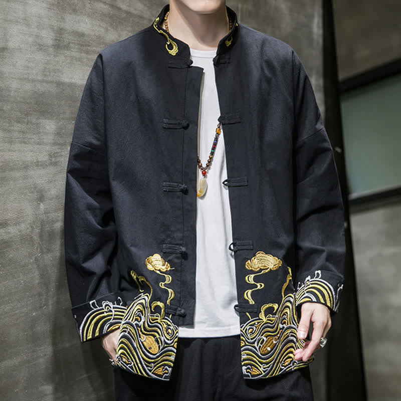 Nimara Ritual Fall Winter Tang Style Vintage Frog Button Embroidery Clouds Pattern Cotton Men's Jacket