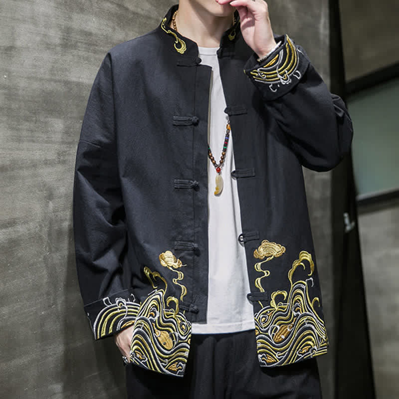 Nimara Ritual Fall Winter Tang Style Vintage Frog Button Embroidery Clouds Pattern Cotton Men's Jacket