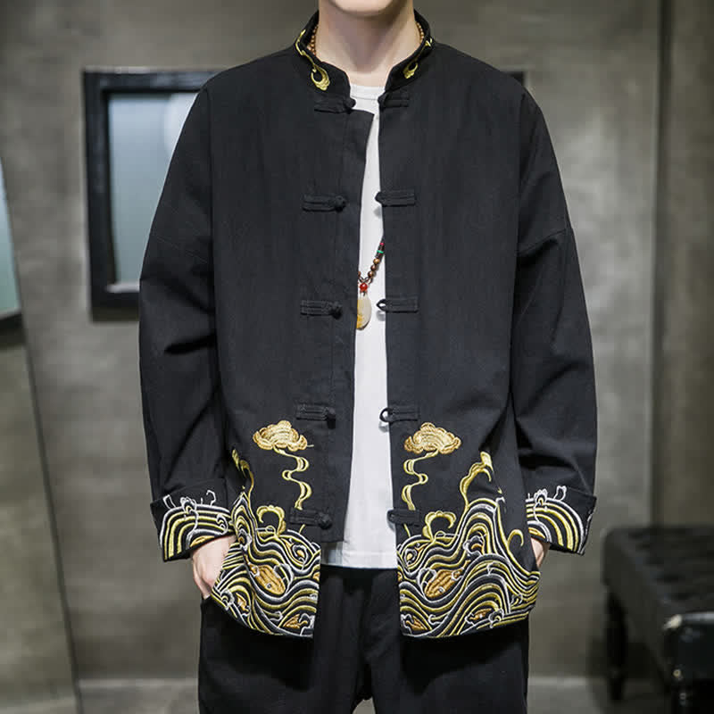 Nimara Ritual Fall Winter Tang Style Vintage Frog Button Embroidery Clouds Pattern Cotton Men's Jacket