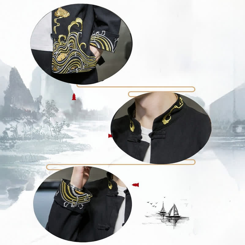 Nimara Ritual Fall Winter Tang Style Vintage Frog Button Embroidery Clouds Pattern Cotton Men's Jacket
