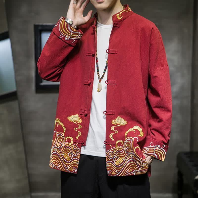 Nimara Ritual Fall Winter Tang Style Vintage Frog Button Embroidery Clouds Pattern Cotton Men's Jacket