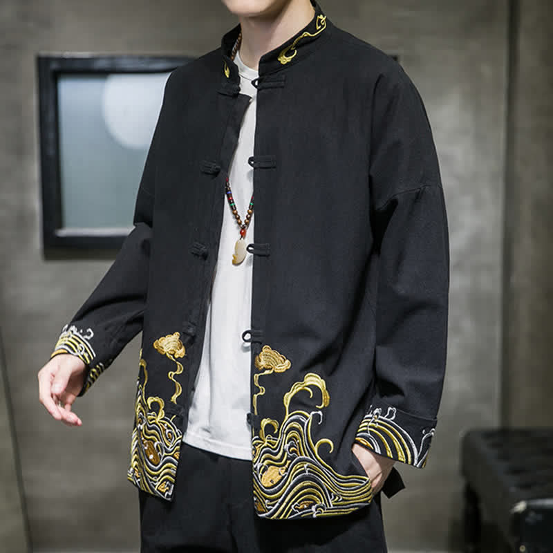 Nimara Ritual Fall Winter Tang Style Vintage Frog Button Embroidery Clouds Pattern Cotton Men's Jacket