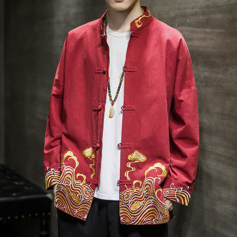 Nimara Ritual Fall Winter Tang Style Vintage Frog Button Embroidery Clouds Pattern Cotton Men's Jacket