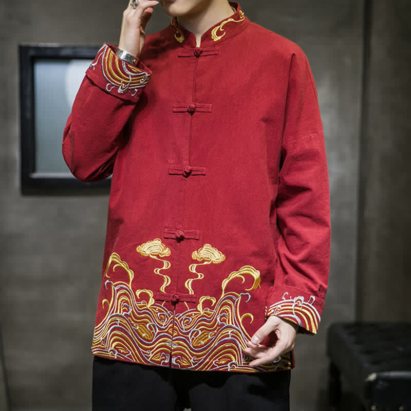 Nimara Ritual Fall Winter Tang Style Vintage Frog Button Embroidery Clouds Pattern Cotton Men's Jacket