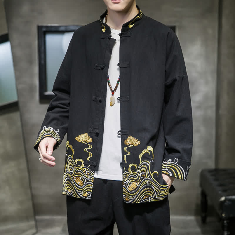 Nimara Ritual Fall Winter Tang Style Vintage Frog Button Embroidery Clouds Pattern Cotton Men's Jacket