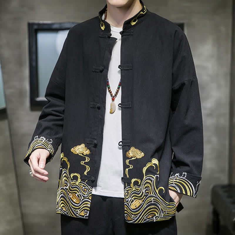 Nimara Ritual Fall Winter Tang Style Vintage Frog Button Embroidery Clouds Pattern Cotton Men's Jacket