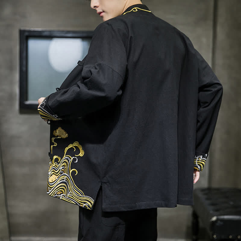 Nimara Ritual Fall Winter Tang Style Vintage Frog Button Embroidery Clouds Pattern Cotton Men's Jacket