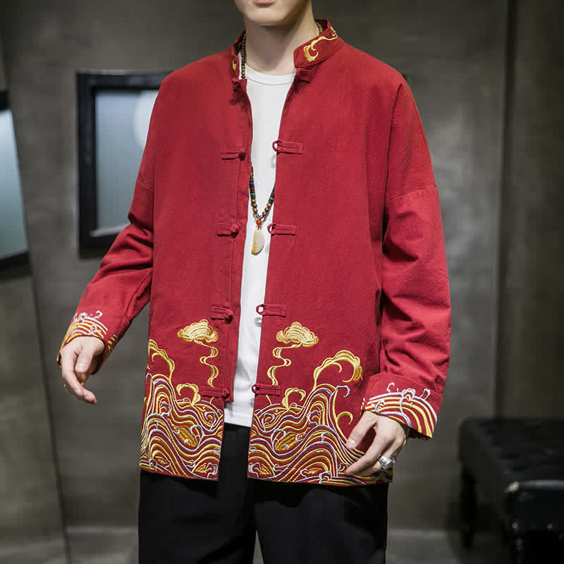 Nimara Ritual Fall Winter Tang Style Vintage Frog Button Embroidery Clouds Pattern Cotton Men's Jacket