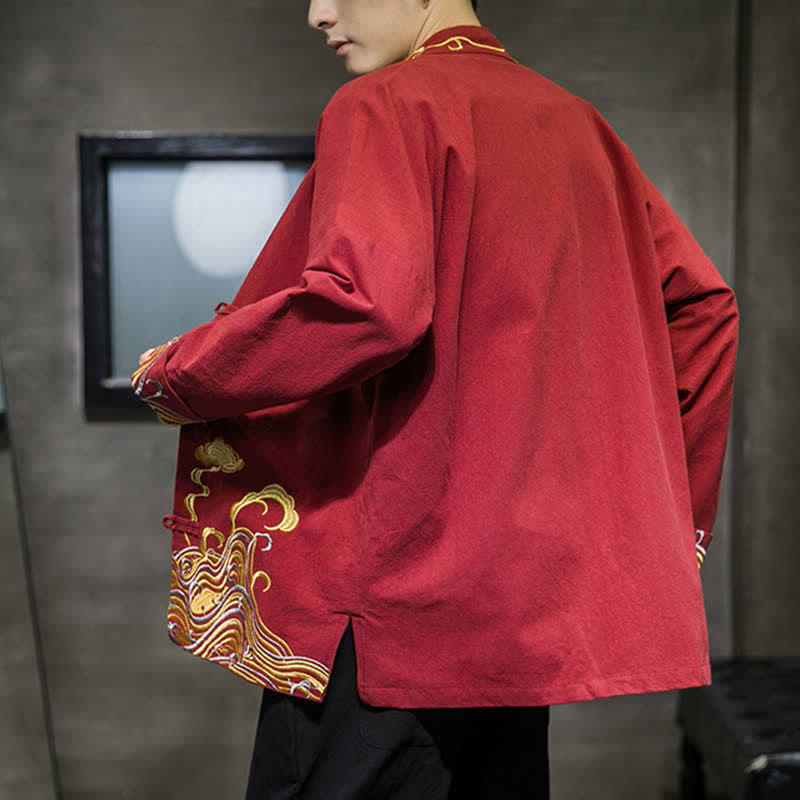Nimara Ritual Fall Winter Tang Style Vintage Frog Button Embroidery Clouds Pattern Cotton Men's Jacket