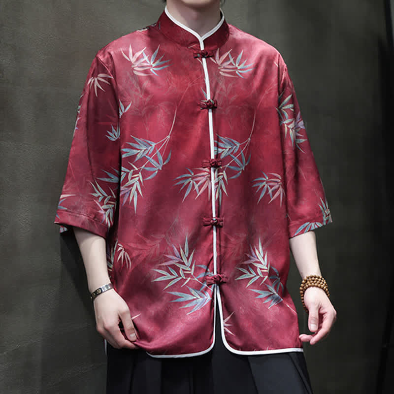 Nimara Ritual Spring Summer Vintage Tang Style Mandarin Collar Bamboo Print Men's Elbow-Length Sleeve Shirts