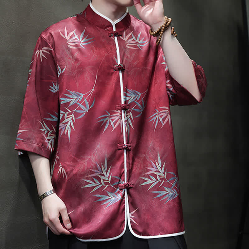 Nimara Ritual Spring Summer Vintage Tang Style Mandarin Collar Bamboo Print Men's Elbow-Length Sleeve Shirts