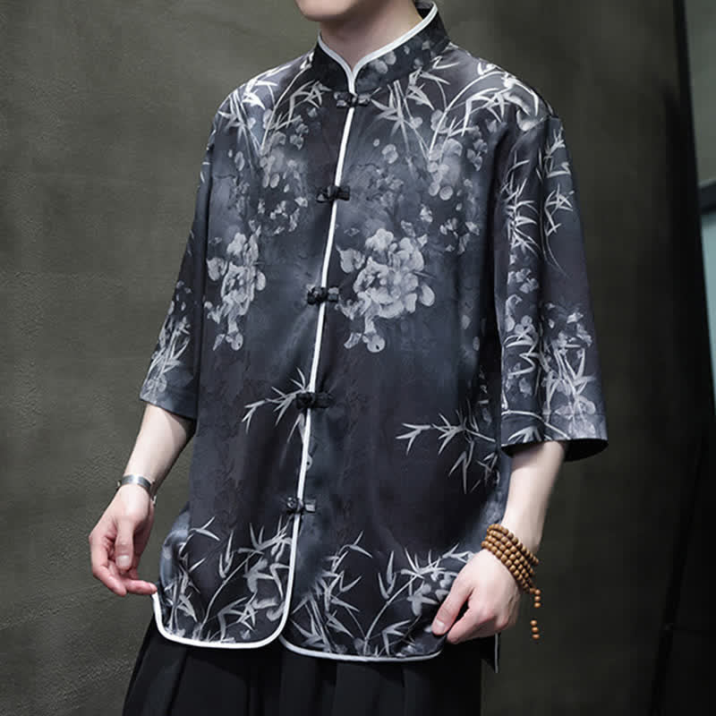 Nimara Ritual Spring Summer Vintage Tang Style Mandarin Collar Bamboo Print Men's Elbow-Length Sleeve Shirts