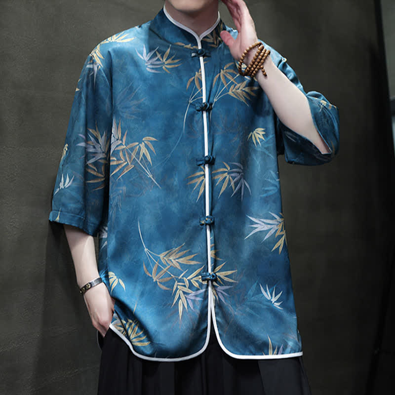 Nimara Ritual Spring Summer Vintage Tang Style Mandarin Collar Bamboo Print Men's Elbow-Length Sleeve Shirts