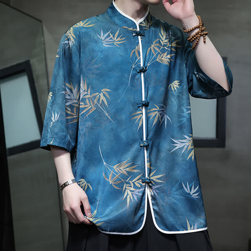 Nimara Ritual Spring Summer Vintage Tang Style Mandarin Collar Bamboo Print Men's Elbow-Length Sleeve Shirts