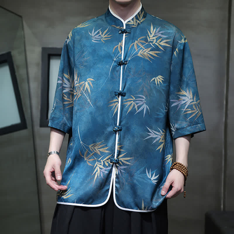 Nimara Ritual Spring Summer Vintage Tang Style Mandarin Collar Bamboo Print Men's Elbow-Length Sleeve Shirts