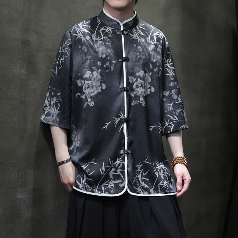 Nimara Ritual Spring Summer Vintage Tang Style Mandarin Collar Bamboo Print Men's Elbow-Length Sleeve Shirts