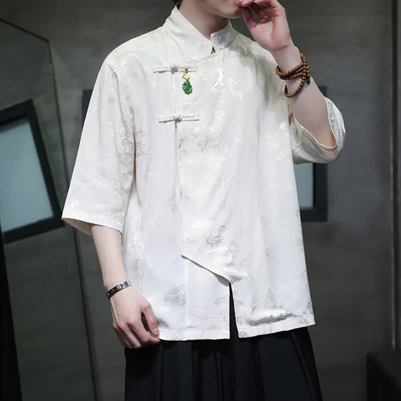 Nimara Ritual Spring Tang Style Elegant Mandarin Collar Frog Button Men's Elbow-Length Sleeve Shirts