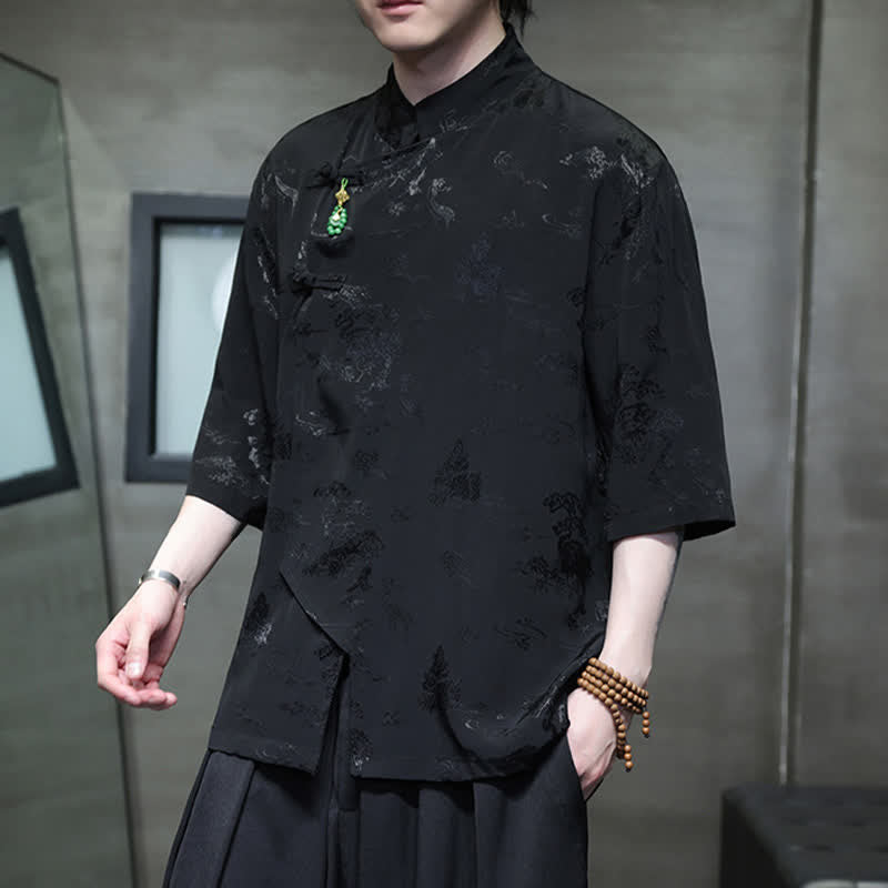 Nimara Ritual Spring Tang Style Elegant Mandarin Collar Frog Button Men's Elbow-Length Sleeve Shirts