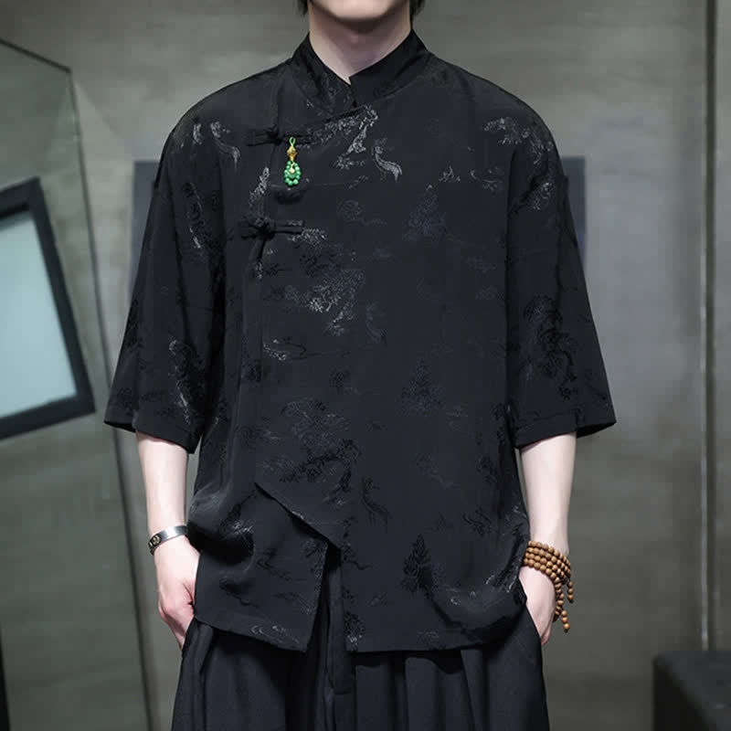 Nimara Ritual Spring Tang Style Elegant Mandarin Collar Frog Button Men's Elbow-Length Sleeve Shirts
