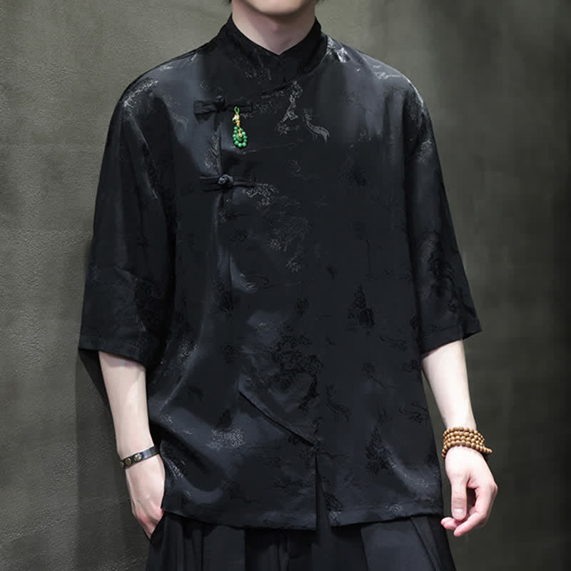 Nimara Ritual Spring Tang Style Elegant Mandarin Collar Frog Button Men's Elbow-Length Sleeve Shirts