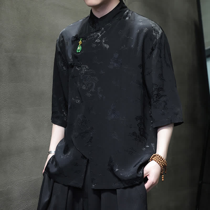 Nimara Ritual Spring Tang Style Elegant Mandarin Collar Frog Button Men's Elbow-Length Sleeve Shirts