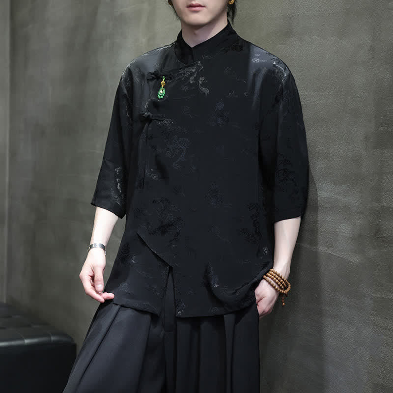 Nimara Ritual Spring Tang Style Elegant Mandarin Collar Frog Button Men's Elbow-Length Sleeve Shirts