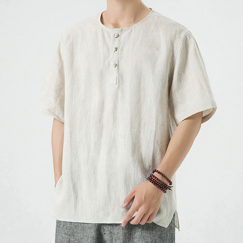 Nimara Ritual Summer Casual Minimalist Side Slit Solid Crew Neck Linen Men's Short Sleeve Shirts